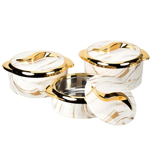 TOMANOON Insulated Serving Bowls | 3pc Set | Keep Food Warmer/Cooler | Leakproof | Thermal Soup/Salad Casserole Dish with Lid | 2.6/2.1/1.6 qt. | White Gold Marble