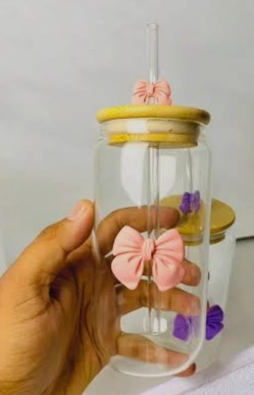 Image of Glass tumblers with Decorative Bow on the Tumbler and Straw (Pink)