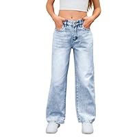 MakeMeChic Girl's Denim Pants High Waisted Straight Leg Jeans with Pockets Light Wash 12-13Y