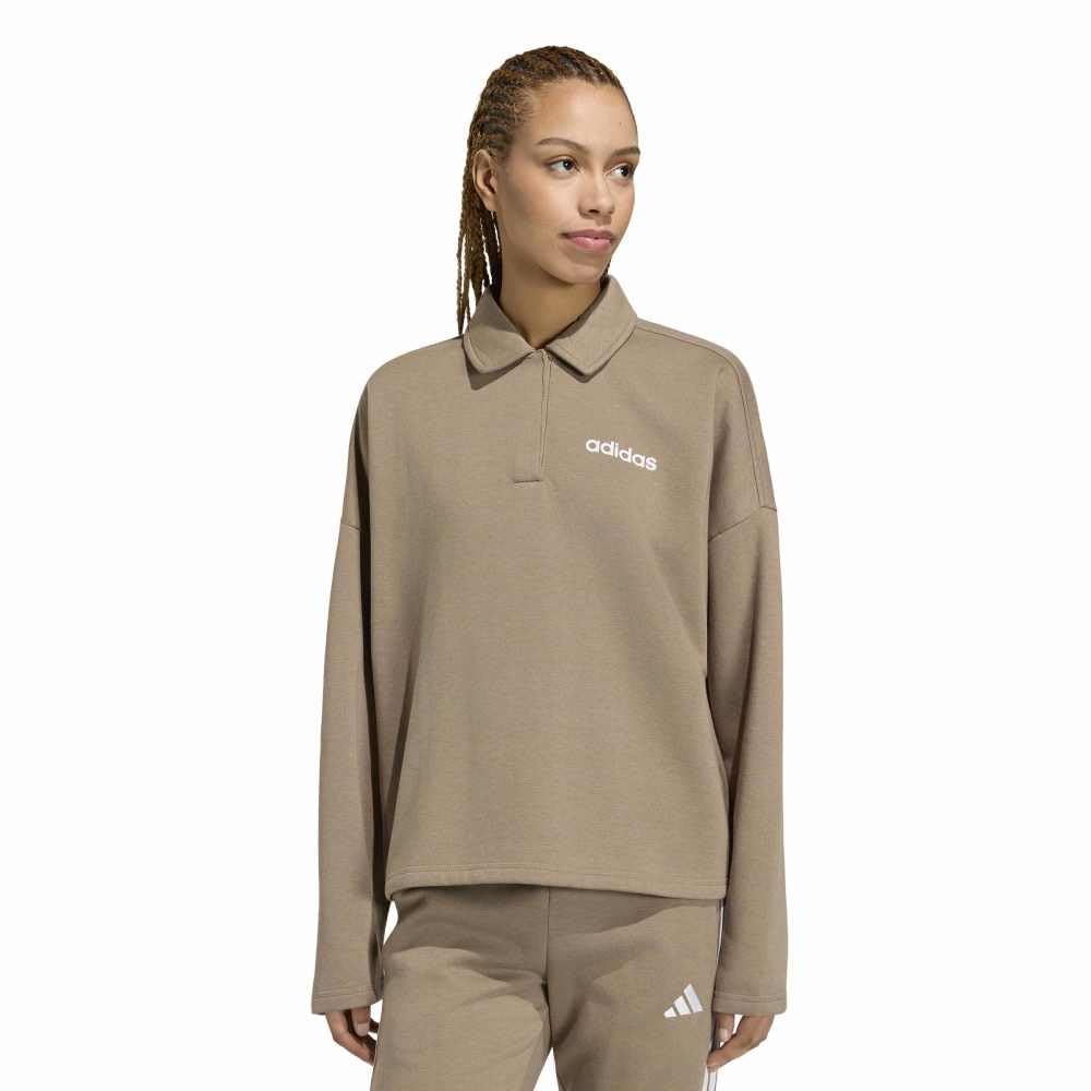 adidas Women's Essentials Linear Fleece Polo Sweatshirt, Khaki Six/white, XL