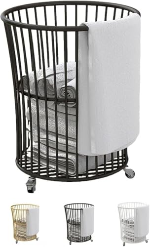AOBOPOランドリーバスケット 金属製で耐久性抜群 ホイール付きで移動自在 ラウンド形状の洗濯かご(洗濯カゴ) 大容量設計で衣類をまとめ収納 多機能で雑貨整理にも活用 家庭用に最適 洗面所・洗濯室・浴室・ランドリールームで活躍 金属ランドリーバスケット