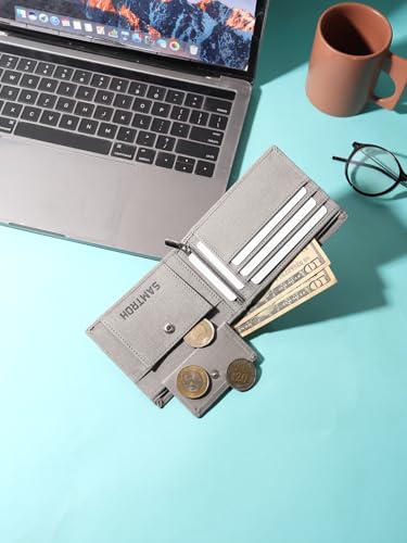Image of SAMTROH Vegan Leather Wallet for Men | Vintage Printed | Premium Vegan Leather Craftsmanship | 3 Card Slots I 2 Cash Compartments & Secret Slots | 1 Coin Pocket. (Eagle, Grey)