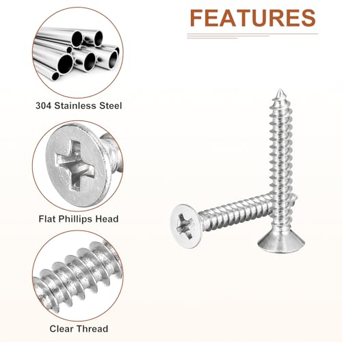 Image of DTGN 50Pcs #6x1 inch Flat Head Wood Screws, 304 Stainless Steel Phillips Self Tapping Screws - Good for Woodworking, Furniture - Silver