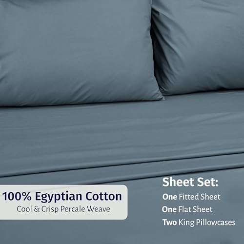 Image of California Design Den Egyptian Percale Sheets King Size Set - Certified 100% Egyptian Cotton, Lightweight Percale King Size Sheet Set with Deep Pockets, Crisp & Durable Luxury Bedding Set - Slate Blue