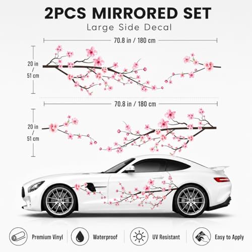 Image of 2PCS Cherry Blossom Car Decals, Large Sakura Side Vinyl Graphics for Cars, Japanese Floral Car Stickers, Waterproof UV Resistant Vehicle Door Decal Set, 70.8 x 23 in, Pink