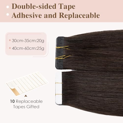 TESS Tape in Hair Extensions Human Hair 10 PCS #02 Dark Brown - 14 Inch Seamless Invisible Real Hair Extension Straight 20g - Image 3