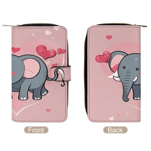 PU Leather Wallet Cute Elephant with Red Heart Print Travel Purse Women's Long Bifold Wallet Ladies Card Holder Purse with Zipper & Snap Closure3