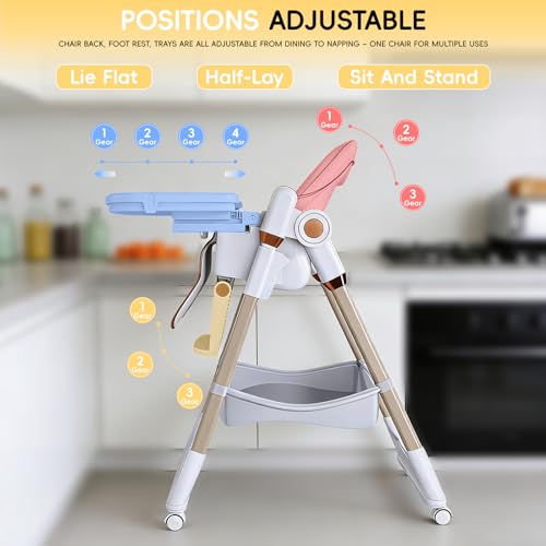 Image of Foldable Baby High Chair with 150 Swing & Recline,Convertible High Chairs for Babies and Toddlers,5 Height Levels,3 Backrest & Footrest Positions,Removable Double Tray,Lockable Wheels (White 1)
