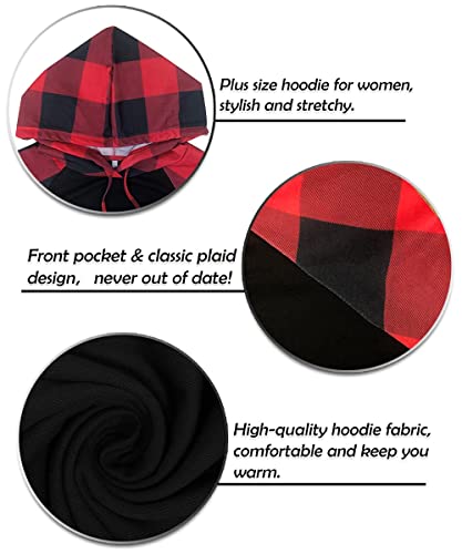 Tiyomi Plus Size Drawstring Hoodie For Women Raglan Long Sleeve Sweatshirt Round Neck Colorblock Tops Lattice Plaid Christmas Fall Winter Spring Hoodies Sweater Xmas Red 3Xl #TOP2