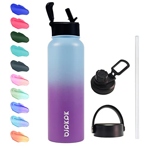BJPKPK 40oz Insulated Water Bottles,Stainless Steel Water Bottle with Straw,Thermo Insulated Water Bottles with 3 Lids,Hot Cold Water Bottles for School- 1200ml/40oz-Ocean Dream