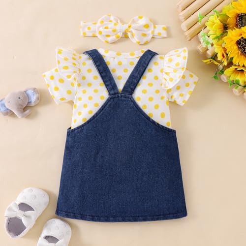 Image of Baby Girl Clothes Newborn Ruffle Romper Elephant Jeans Skirt 0-18M | Soft Romper, Adjustable Jean Skirt with Headband Elephant Butterfly Design, Snap Closure, Everyday Wear