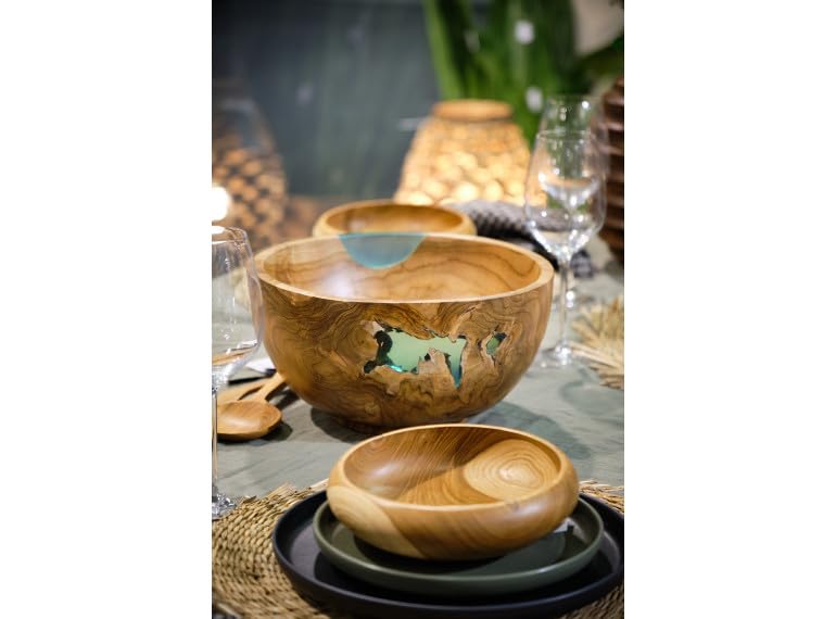 Belhome Saladier rond 28 cm en bois massif de teck et résine bleu - MERLIN