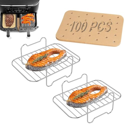 WEBROIL 2 Packs Air Fryer Racks with 100pcs Liners for Ninja Foodi DZ401/ DZ201 and Other 8-10 QT Dual AirFryer
