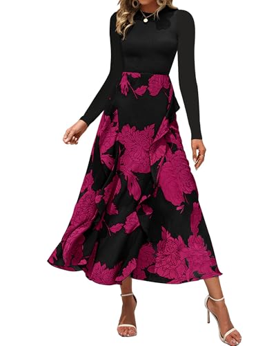 Image of BTFBM Womens Floral Maxi Dress Fall 2025 Casual Crewneck Long Sleeve Ruffle Flowy Cocktail Wedding Guest Dresses