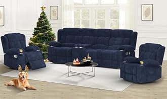 Dresegmt Recliner Sofa Set with Storage Console, Flip Middle Backrest Design 3 Seater Reclining Sofa and 2PC Single Recliner Chair, Manual Couches for Living Room (Blue, 3 Seat+Console+1+1)