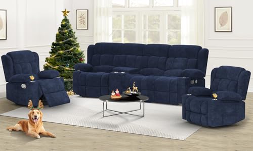 Dresegmt Recliner Sofa Set with Storage Console, Flip Middle Backrest Design 3 Seater Reclining Sofa and 2PC Single Recliner Chair, Manual Couches for Living Room (Blue, 3 Seat+Console+1+1)