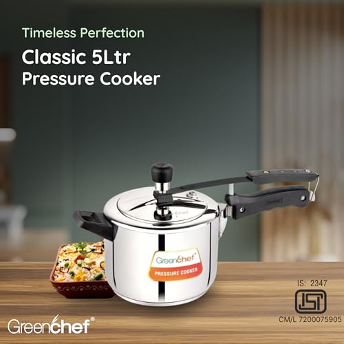 Image of Greenchef Stainless Steel Inner lid pressure cooker 5 litre - Classic, ISI certified, Induction and Gas compatible, Glossy Finish, Triply bottom, 5Year warranty
