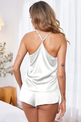 Image of Ekouaer Silky Women Pajamas Set Satin Cami Top & Shorts Lingerie Pjs | 2 Piece Silk Nightwear Soft Camisole Sleepwear for Home, Daily Wear, Wedding, Party, Date Nights