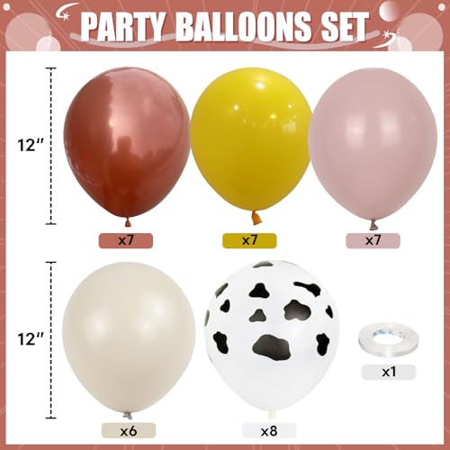 Image of HILAVO Cow Print Balloons, 12 Inch Retro Orange and Pink Yellow Sand White Balloons for Story Theme Farm Country Wild Western Cowgirls Rodeo Baby Shower Birthday Party Decorations