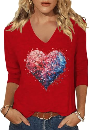 Image of Woffccrd Womens 3 /4 Sleeve V Neck T-Shirts Valentina's Day Spring Shirts Love Heart Printed Graphic Tees