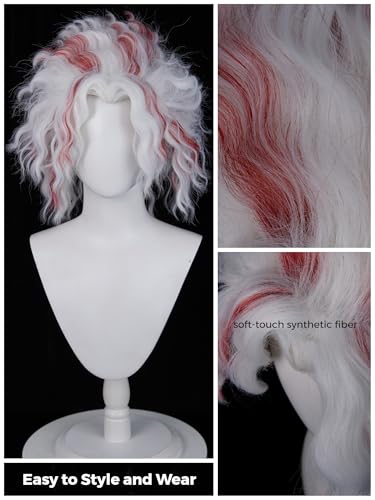 Image of O-karun Cosplay Wig for Men Short Curly White and Red Wave Wig White Costume Male Wigs for Unisex Halloween Party Women