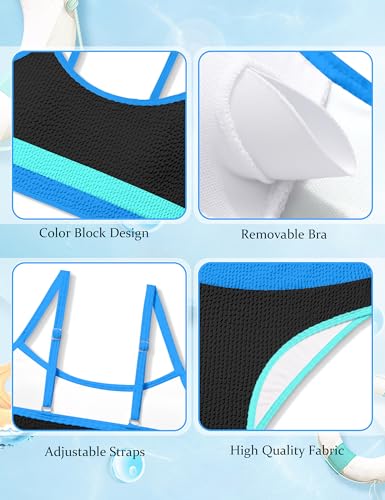 Image of Girls Bathing Suit Color-Block Adjustable Straps Bikini Sets Girls Two Piece Swimsuits with Chest Pad Swimwear 7-18T