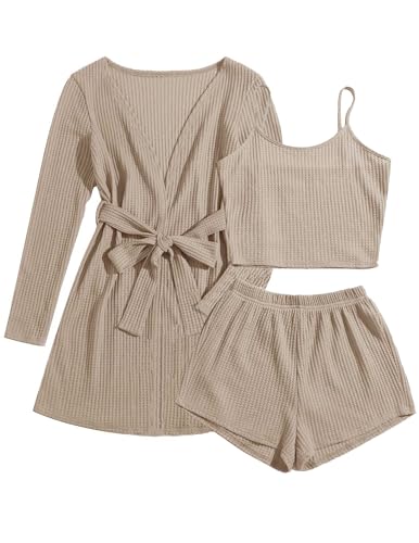 Image of Ekouaer Pajamas for Women Set 3 Piece Lounge Set Soft Pajama Sets Waffle Knit Tank Top and Shorts Cardigan with Pockets S-XXL