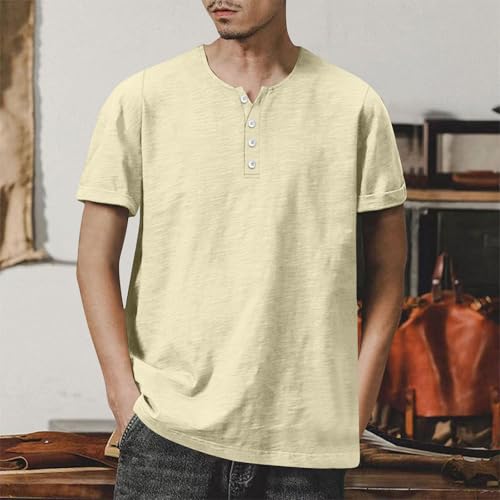 Mens Cotton Henley Shirts Breathable Tshirt Loose Fit Short Sleeve Collarless Basic Tees Fashion Tops Summer 20252