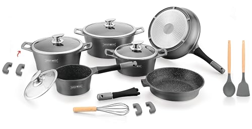 Royalty Line, Batterie de cuisine de 14 pièces en aluminium moulé sous pression avec revêtement en marbre, couleur ARGENT