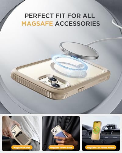 Image of Miracase Glass Series for iPhone 15 Case [Compatible with MagSafe] Full-Body Magnetic Bumper Case with Built-in 9H Tempered Glass Anti-Fingerprint Screen Protector + Camera Lens Protector, Beige