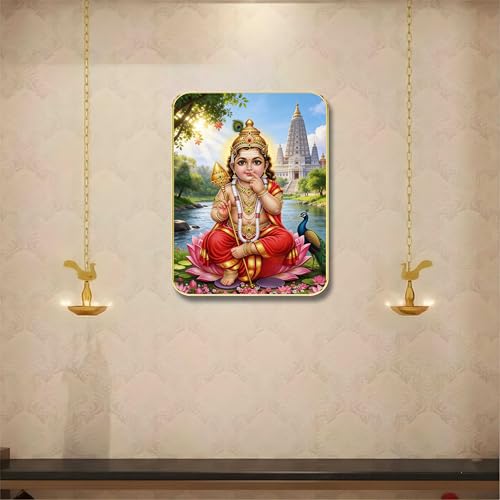 Image of SAF Bala Murugan Lord Kartikeya Wall Art with Table Top Stand & Wall Hanging Hole | Premium MDF Subramanya Swamy Peacock Painting for Home Mandir