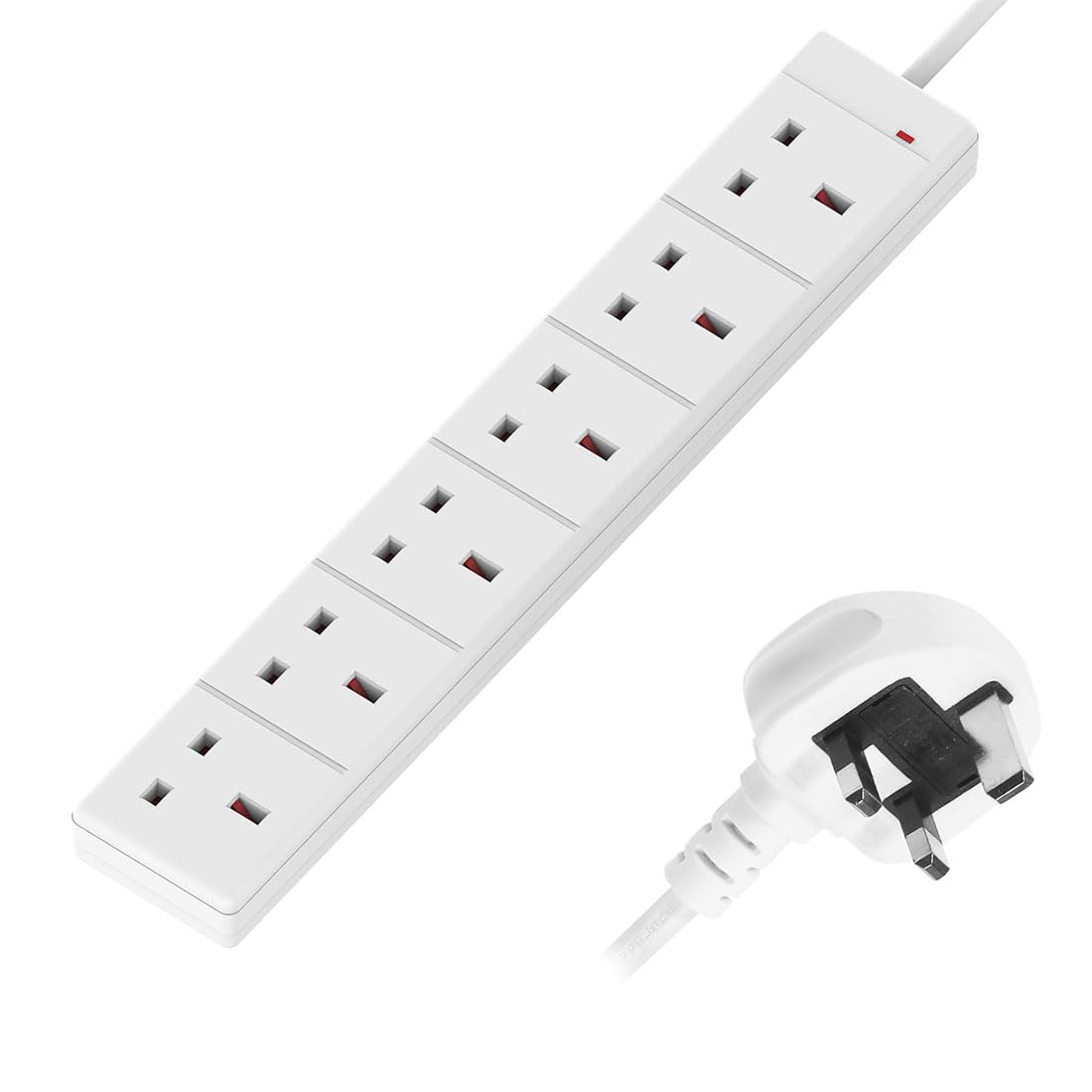 3M 6 Gang Socket Extension Lead UK Pin Plug and Cable White Multi Socket Mains Strip