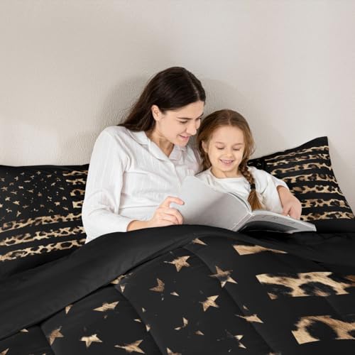 Image of Feelyou American Flag Leopard Kids Comforter Set Toddler Size Hunting Bedding Set Brown Cheetah Print Duvet Quilt for Kids Boys Girls Bedroom Animal Fur Decor Microfiber Ultra Soft Breathable