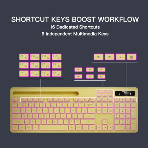 Image of Soueto Wireless Keyboard with 7-Color RGB Backlit, Full-Size Computer Keyboard with Phone Tablet Holder, 2.4G Rechargeable Gaming Keyboard with Light Up Keys, Compatible with Mac, Windows (Yellow)