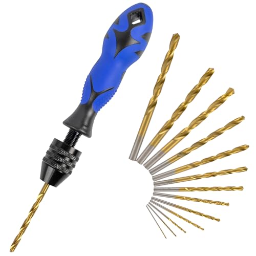 YOKOMING Hand Vise Hand Drill Manual Adjustable Pin Vise 0.8~6.5mm with 13 Pcs Drill Bits HSS Twist Drill Bits Set(0.8mm-6.5mm) for Wood Jewelry Plastic Beads Etc
