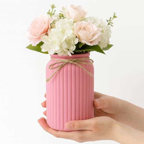 Image of Plastic Ribbed Decorative Vase with Jute Rope Top | Ceramic Look, Unbreakable Flower Pot for Centre Table, Balcony & Living Room Decor | Only Vase (No Flower) (Pink)