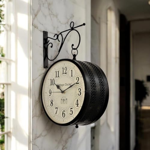 Vintage Clock Handcrafted Double Side Analog Wall Clock 1 Year Warranty / 65700-12-HH, Iron, 30x30 cm, Two Side English Number, black