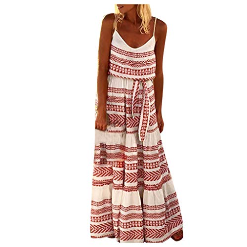 Preisvergleich Produktbild Gestreiftes Breitband Slingkleid für Damen, KIMODO Strandkleid Bohemian Batikmuster Lang Sommerkleid Kurze Ärmel Kleider mit V-Ausschnitt Strandkleid Loose Sexy Maxikleid (Rot,XXL)