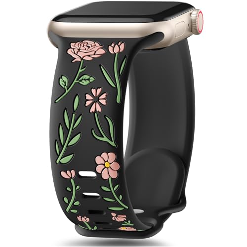 SNBLK Floral Band Compatible with Cute Apple Watch Bands for Women 40mm 41mm 38mm 42mm 44mm 45mm 46mm 49mm, Flower Engraved Silicone Inlay Dressy Strap for iWatch Series 10 9 8 7 6 5 4 3 2 1
