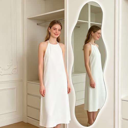 Image of QDSSDECO 63 inch x 24 inch Wavy Full-Length Mirror with Stand, Frameless