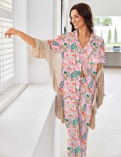 Image of Ekouaer Pajamas for Women Set Button Up Short Sleeve Pjs Sets With Pockets | Soft Womens Sleepwear,V Neck,Notch Collar,2 Piece Classic Loungewear With Long Pant for Sleep,Lounge,Fall