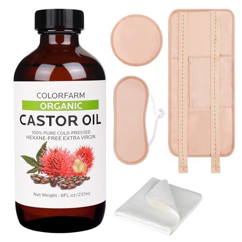 6 Pcs Castor Oil Pack Wrap: Organic Cold Pressed Castor Oil 8Fl Oz with Reusable Pads - Adjustable Elastic Straps Pack Wraps for Stomach Liver Neck