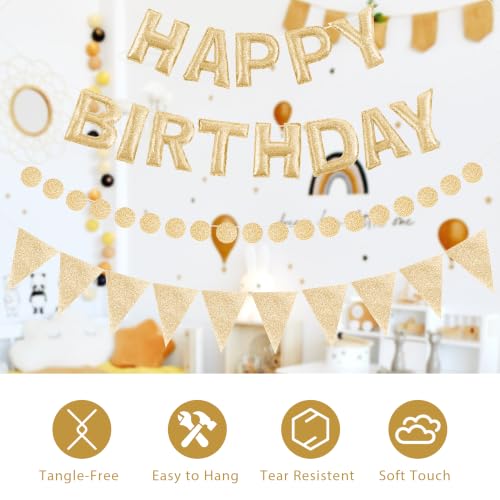 Image of CANREVEL 3 PCS Pre-Strung 3D Birthday Banner Decorations, Champagne Gold | Colorful Reusable Birthday Decorations for Women Men Girls Boys, Felt Happy Birthday Sign Garland, Triangle Bunting