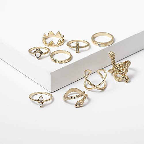 Aimimier 9 Pcs Bohemian Stackable Joint Knuckle Ring Set Multi Size Carving Crystal Pearl Snake Midi Ring Vintage Finger Rings for Women and Girls - Image 3