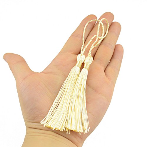 Image of 100pcs 13cm /5 Inch Silky Floss Bookmark Tassels with 2-Inch Cord Loop and Small Chinese Knot for Jewelry Making, Souvenir, Bookmarks, DIY Craft Accessory (Light Beige)