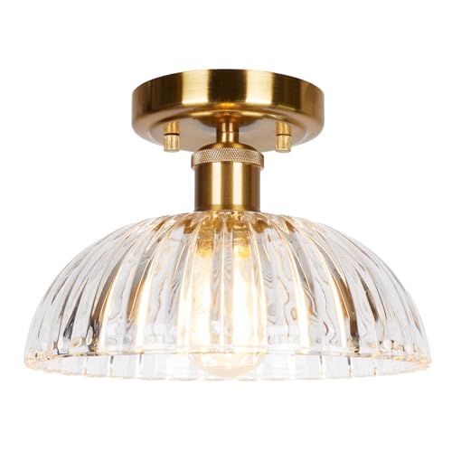 Image of JYZ Semi Flush Mount Ceiling Light, Gold Ceiling Light Fixture with Brass & Ribbed Glass Shade, Vintage Light fixtures for Hallway, Entryway, Bathroom, Kitchen, Bedroom