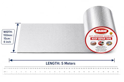 Image of Mario Heavy Duty Butyl Waterproof Tape 6 Inch (150MM /15CM) x 5M | Professional Self-Adhesive Rubber Foil for Roof Leak, Wall Crack, Window Sill Gap, Boat Sealing & Water Tank Repair