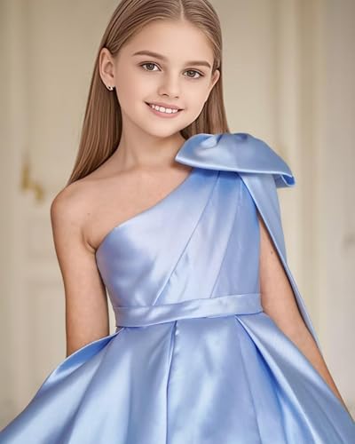 Topsta Girls One Shoulder Satin Flower Girl Dress for Wedding with Bow First Communion Dress Long Pageant Ball Gown4