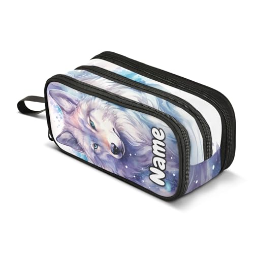 Image of Custom Wolf Watercolor Pencil Case Box Boys Girls Personalized Name Large Pencil Pouch Stationery Pen Bag Organizer for Kids Adults School Office