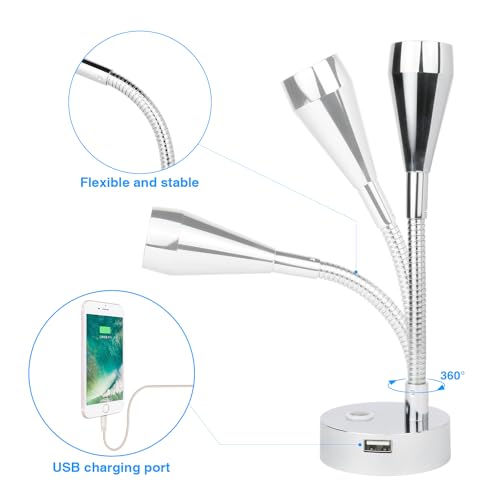 lighteu 12V/24V 2W Gooseneck Wall LED Reading Light F2 Spotlight with Push Lens Switch and USB Port Nickel Finish Wall Light Bedside Light Boat Yacht Caravan RV - Image 3